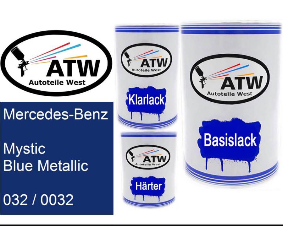 Mercedes-Benz, Mystic Blue Metallic, 032 / 0032: 500ml Lackdose + 500ml Klarlack + 250ml Härter - Set, von ATW Autoteile West.